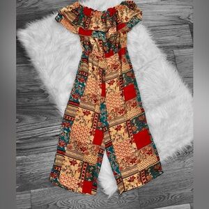 Umgee Patchwork Off-Shoulder Jumpsuit - Red and Teal